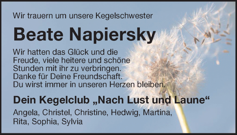  Traueranzeige für Beate Napiersky vom 01.10.2019 aus Münstersche Zeitung und Münsterland Zeitung