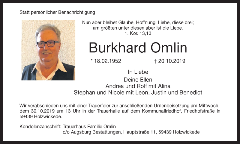  Traueranzeige für Burkhard Omlin vom 26.10.2019 aus Ruhr Nachrichten