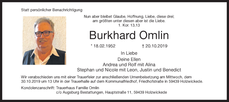  Traueranzeige für Burkhard Omlin vom 26.10.2019 aus Ruhr Nachrichten