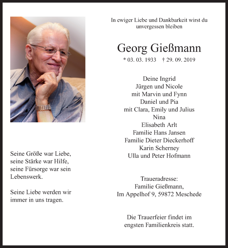  Traueranzeige für Georg Gießmann vom 03.10.2019 aus Ruhr Nachrichten