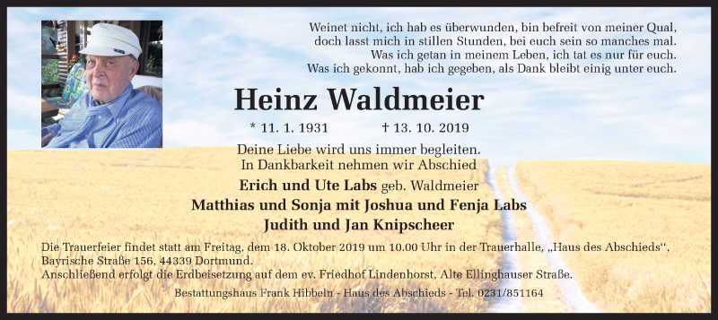  Traueranzeige für Heinz Waldmeier vom 15.10.2019 aus Ruhr Nachrichten