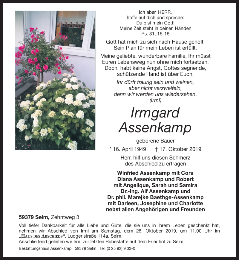  Traueranzeige für Irmgard Assenkamp vom 19.10.2019 aus Ruhr Nachrichten