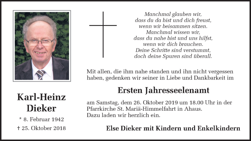  Traueranzeige für Karl-Heinz Dieker vom 24.10.2019 aus Münstersche Zeitung und Münsterland Zeitung
