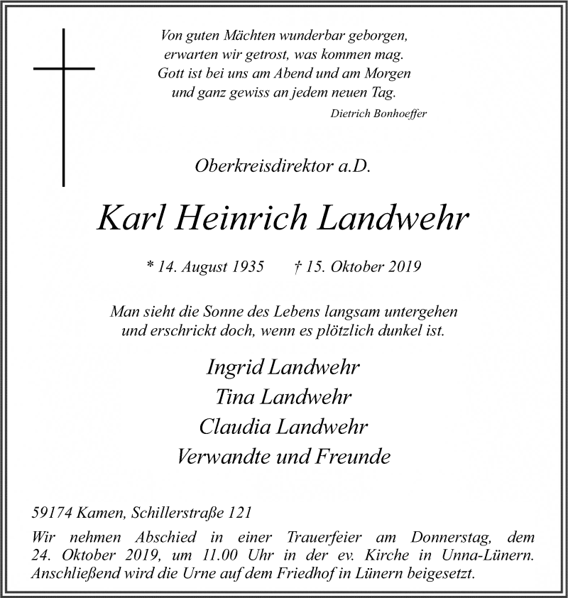  Traueranzeige für Karl Heinrich Landwehr vom 18.10.2019 aus Hellweger Anzeiger