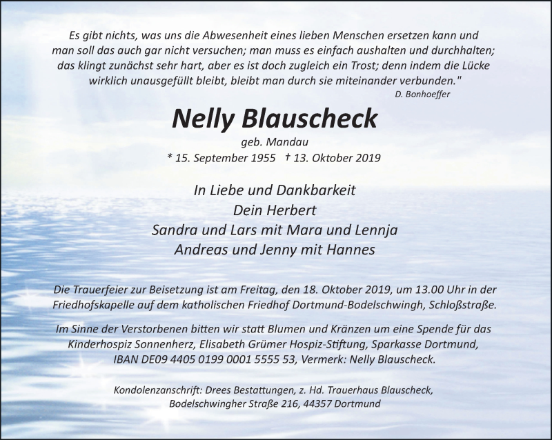  Traueranzeige für Nelly Blauscheck vom 16.10.2019 aus Ruhr Nachrichten