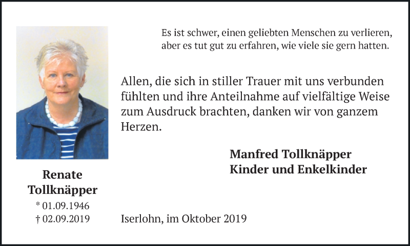  Traueranzeige für Renate Tollknäpper vom 26.10.2019 aus Ruhr Nachrichten