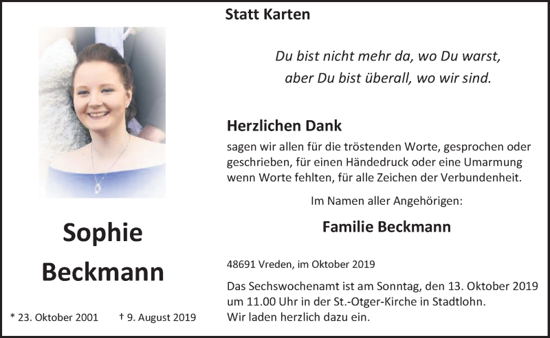  Traueranzeige für Sophie Beckmann vom 09.10.2019 aus Münstersche Zeitung und Münsterland Zeitung