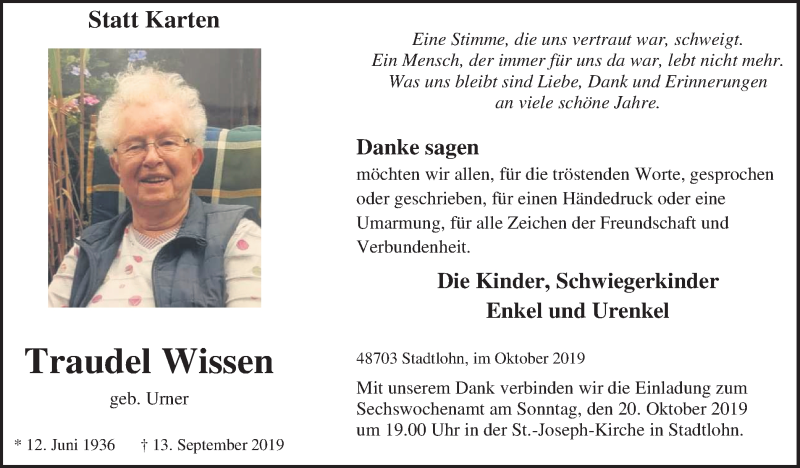  Traueranzeige für Traudel Wissen vom 16.10.2019 aus Münstersche Zeitung und Münsterland Zeitung