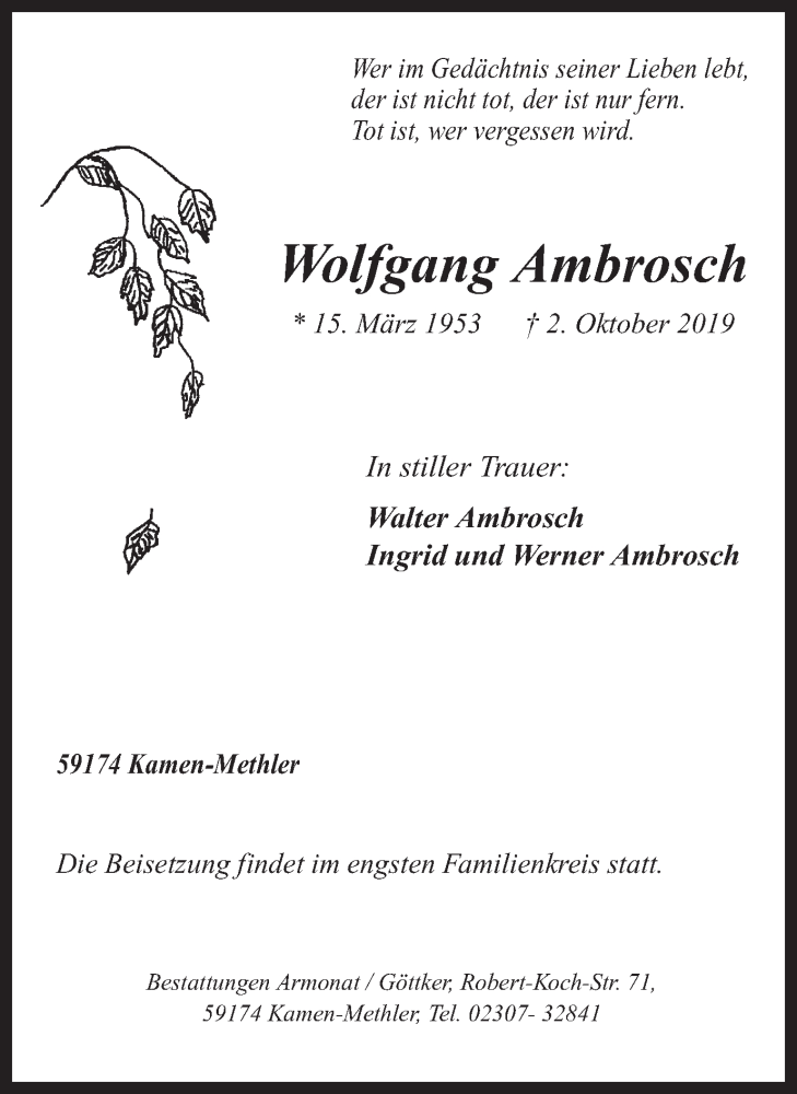  Traueranzeige für Wolfgang Ambrosch vom 09.10.2019 aus Hellweger Anzeiger