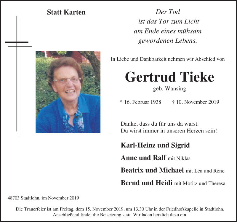  Traueranzeige für Gertrud Tieke vom 12.11.2019 aus Münstersche Zeitung und Münsterland Zeitung