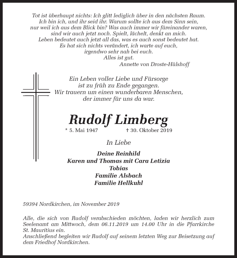  Traueranzeige für Rudolf Limberg vom 02.11.2019 aus Ruhr Nachrichten