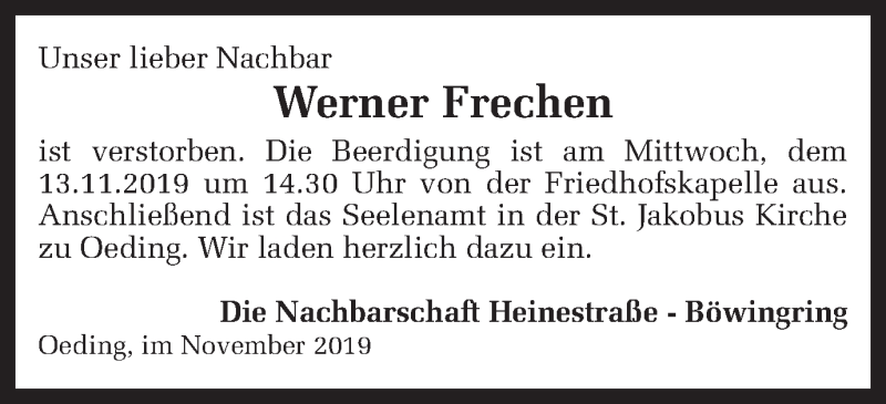  Traueranzeige für Werner Frechen vom 11.11.2019 aus Münstersche Zeitung und Münsterland Zeitung