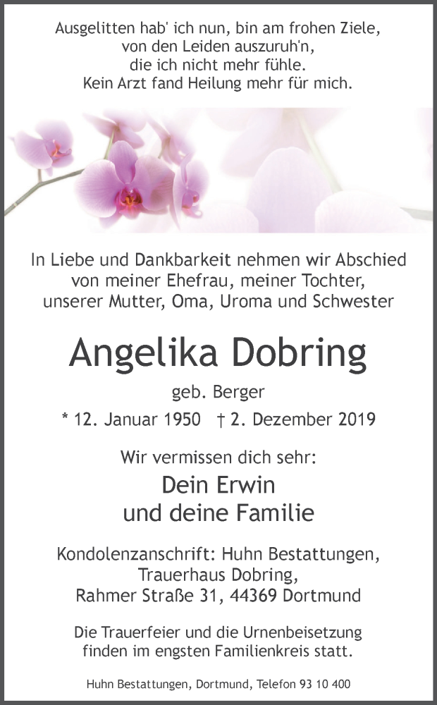  Traueranzeige für Angelika Dobring vom 07.12.2019 aus Ruhr Nachrichten