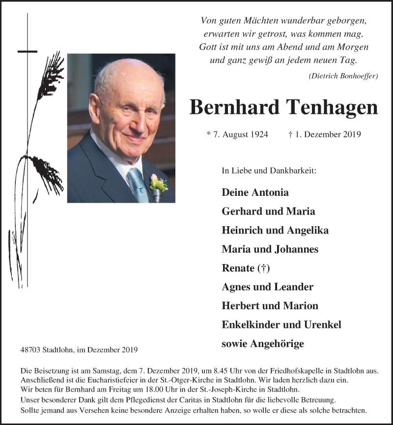  Traueranzeige für Bernhard Tenhagen vom 05.12.2019 aus Münstersche Zeitung und Münsterland Zeitung