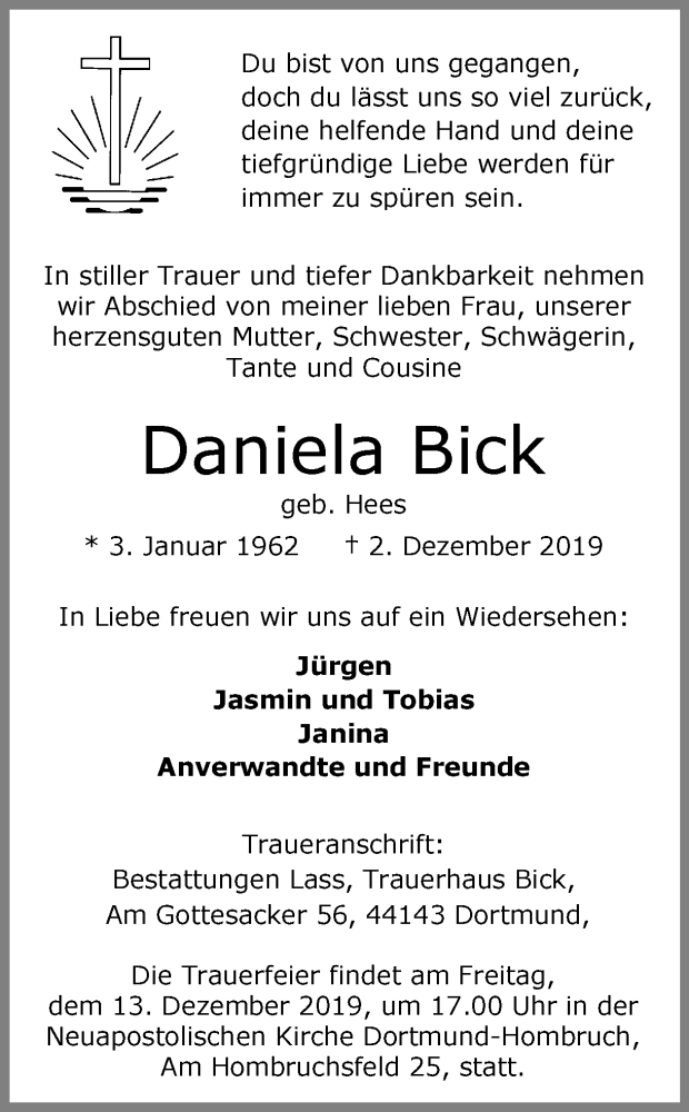  Traueranzeige für Daniela Bick vom 07.12.2019 aus Ruhr Nachrichten