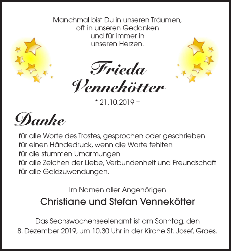  Traueranzeige für Frieda Vennekötter vom 04.12.2019 aus Münstersche Zeitung und Münsterland Zeitung