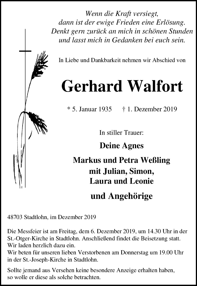  Traueranzeige für Gerhard Walfort vom 03.12.2019 aus Münstersche Zeitung und Münsterland Zeitung