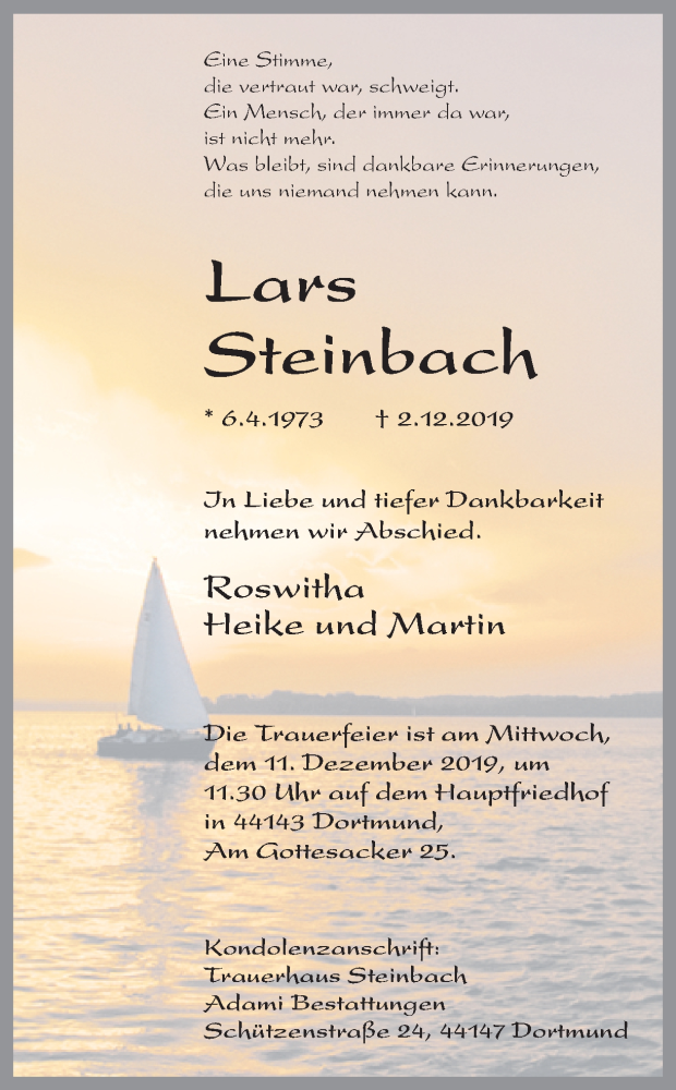  Traueranzeige für Lars Steinbach vom 07.12.2019 aus Ruhr Nachrichten