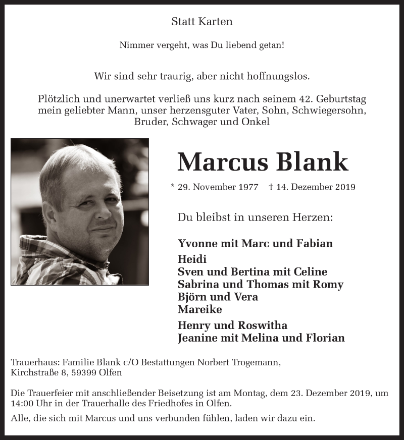  Traueranzeige für Marcus Blank vom 20.12.2019 aus Ruhr Nachrichten