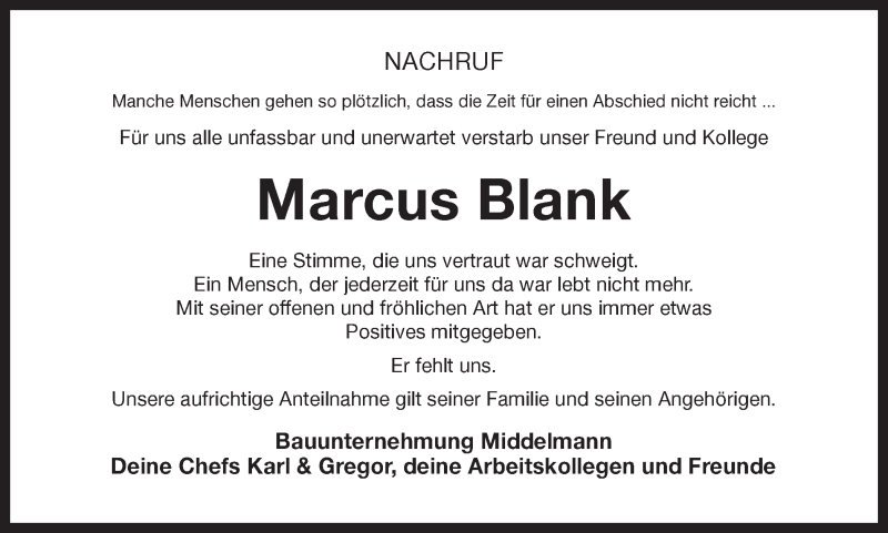  Traueranzeige für Marcus Blank vom 21.12.2019 aus Ruhr Nachrichten