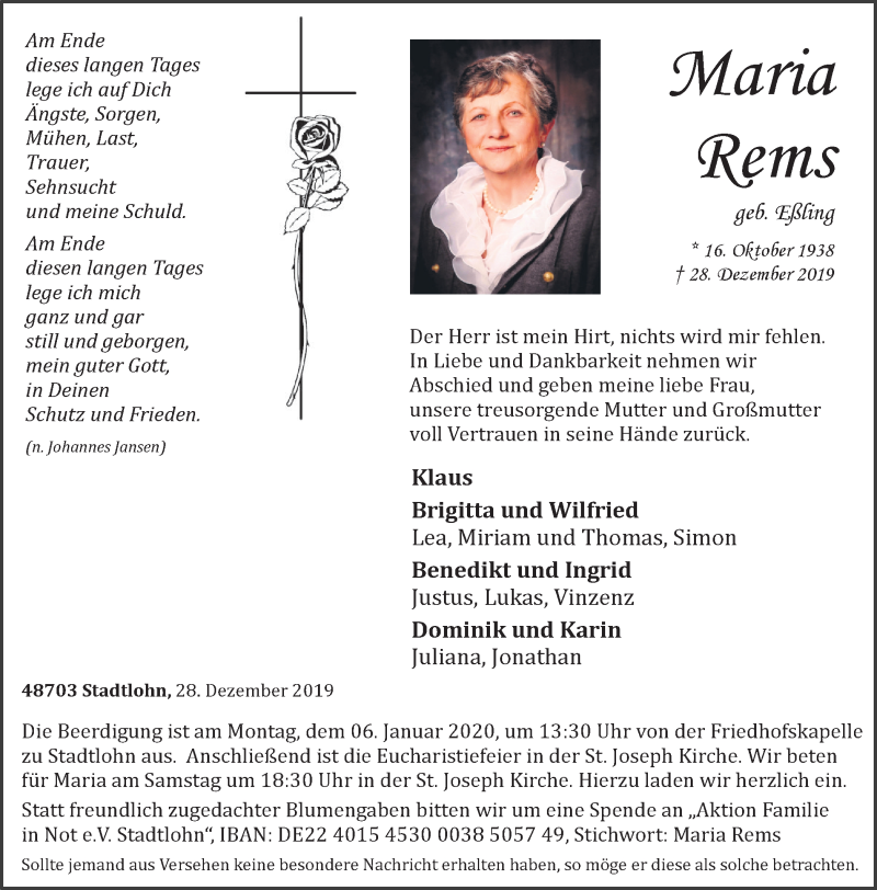 Traueranzeige für Maria Rems vom 31.12.2019 aus Münstersche Zeitung und Münsterland Zeitung