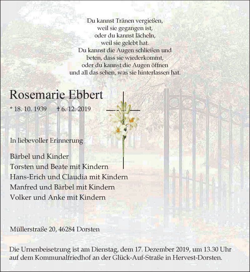  Traueranzeige für Rosemarie Ebbert vom 12.12.2019 aus Ruhr Nachrichten und Dorstener Zeitung