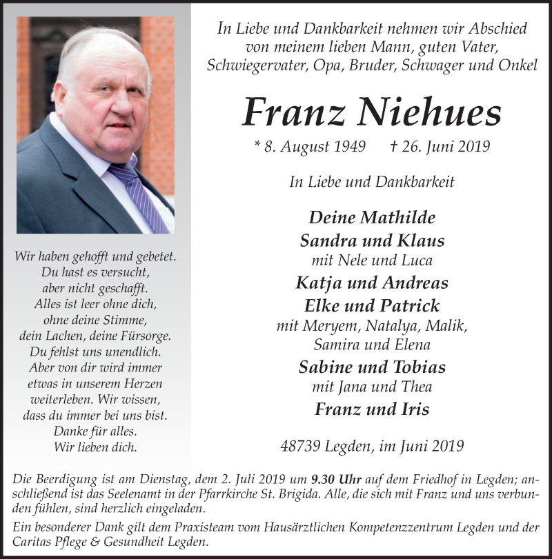  Traueranzeige für Franz Niehues vom 29.06.2019 aus Münstersche Zeitung und Münsterland Zeitung