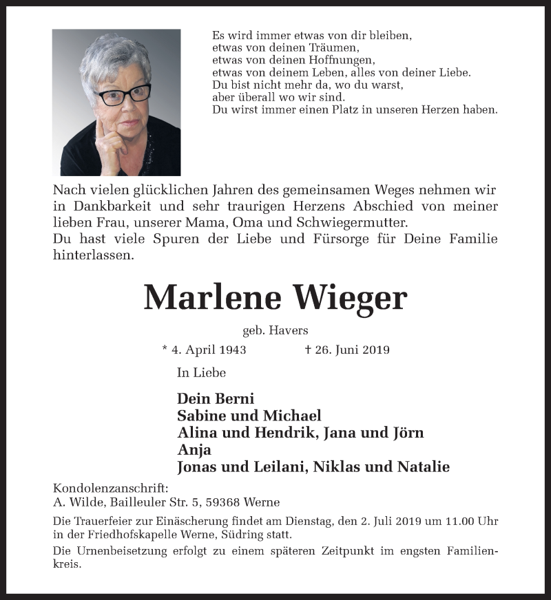 Traueranzeige für Marlene Wieger vom 29.06.2019 aus Ruhr Nachrichten