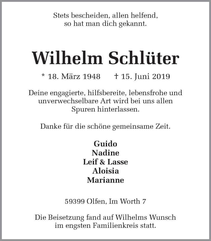  Traueranzeige für Wilhelm Schlüter vom 26.06.2019 aus Ruhr Nachrichten