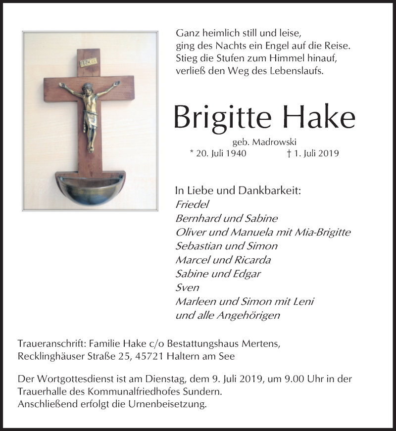  Traueranzeige für Brigitte Hake vom 05.07.2019 aus Ruhr Nachrichten und Halterner Zeitung