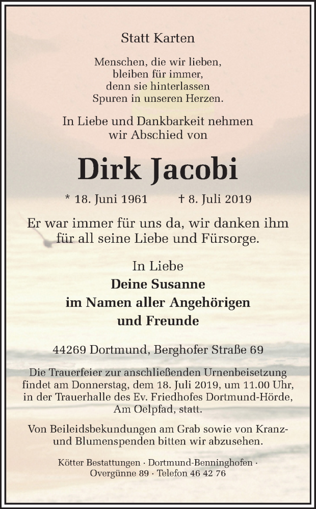  Traueranzeige für Dirk Jacobi vom 13.07.2019 aus Ruhr Nachrichten