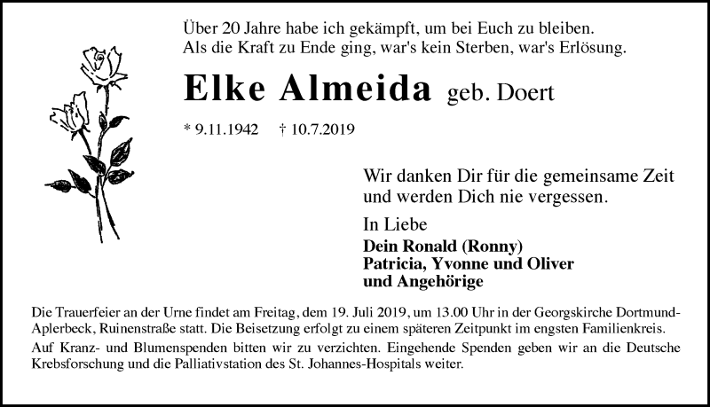 Traueranzeige für Elke Almeida vom 13.07.2019 aus Ruhr Nachrichten
