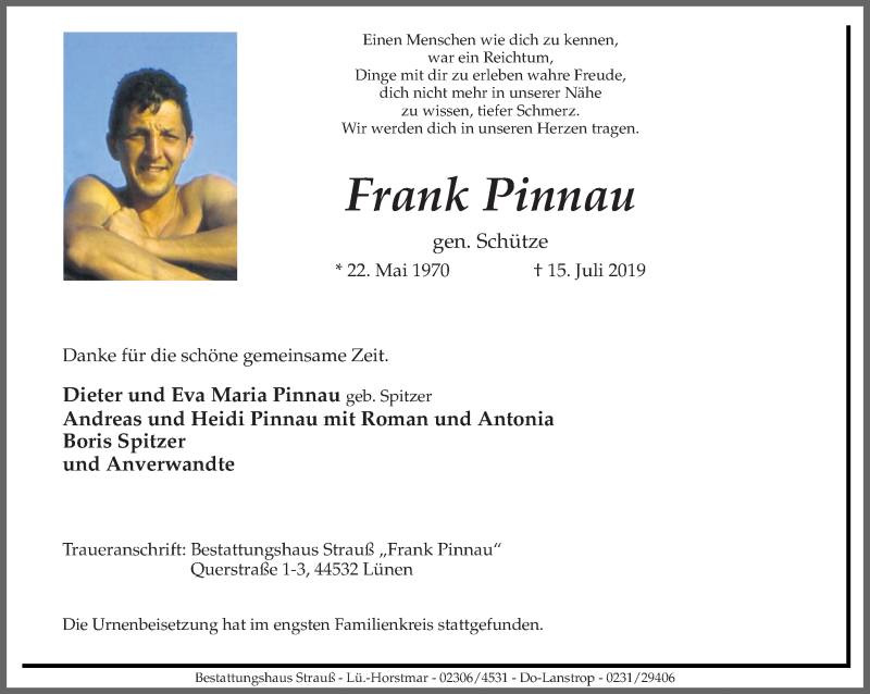  Traueranzeige für Frank Pinnau vom 27.07.2019 aus Ruhr Nachrichten