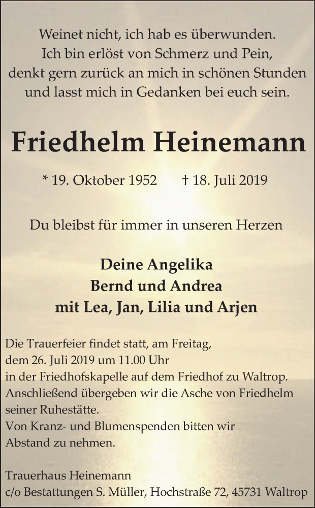  Traueranzeige für Friedhelm Heinemann vom 20.07.2019 aus Ruhr Nachrichten