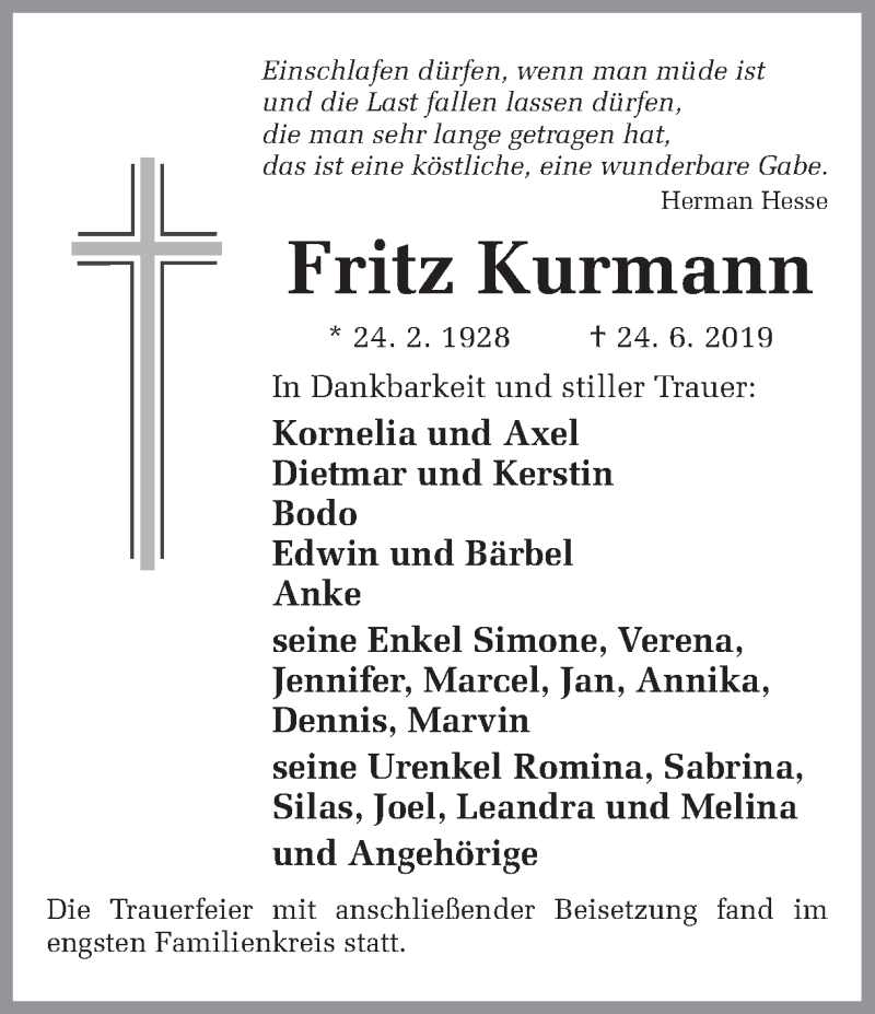  Traueranzeige für Fritz Kurmann vom 03.07.2019 aus Ruhr Nachrichten