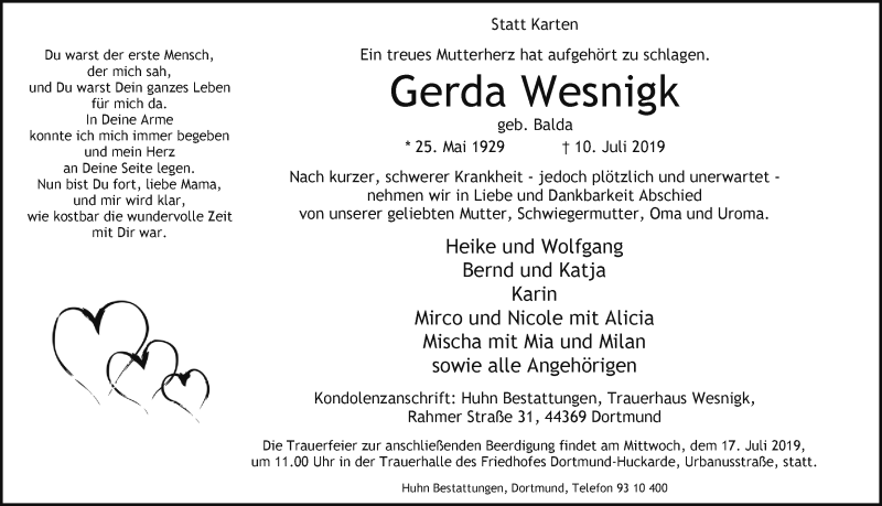  Traueranzeige für Gerda Wesnigk vom 13.07.2019 aus Ruhr Nachrichten