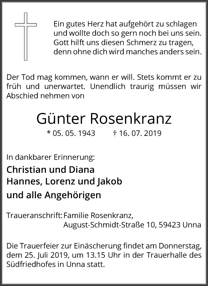  Traueranzeige für Günter Rosenkranz vom 18.07.2019 aus Hellweger Anzeiger