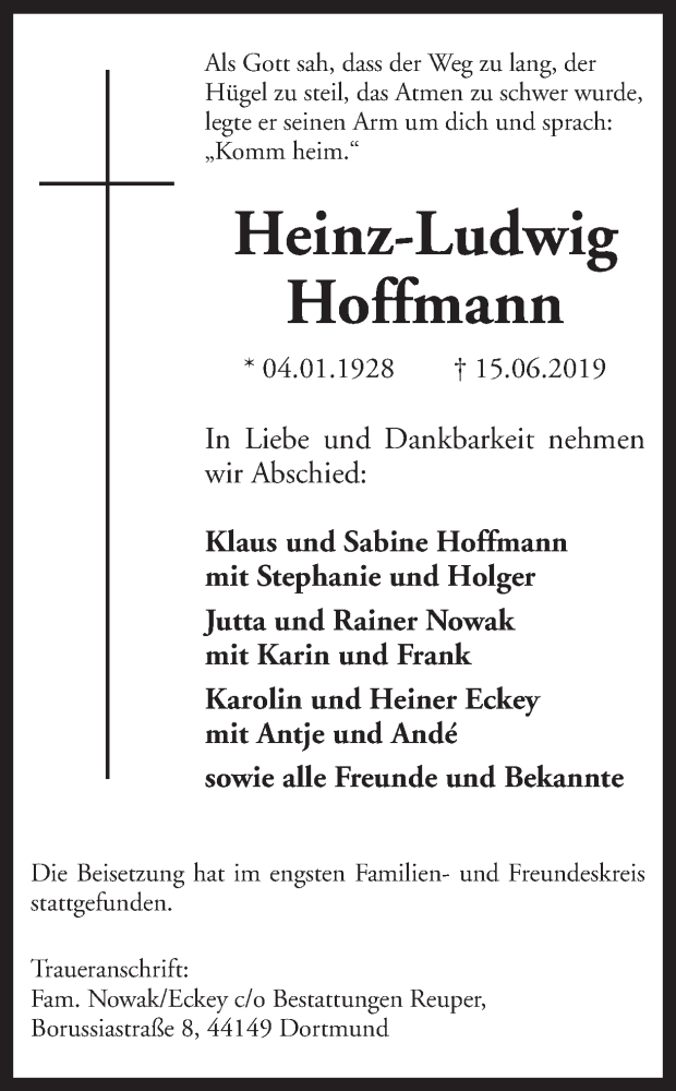  Traueranzeige für Heinz-Ludwig Hoffmann vom 20.07.2019 aus Ruhr Nachrichten