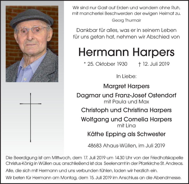  Traueranzeige für Hermann Harpers vom 13.07.2019 aus Münstersche Zeitung und Münsterland Zeitung