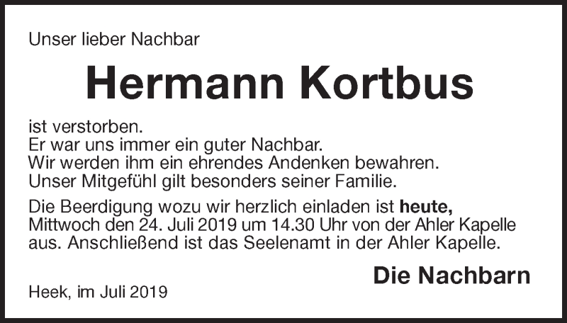  Traueranzeige für Hermann Kortbus vom 24.07.2019 aus Münstersche Zeitung und Münsterland Zeitung