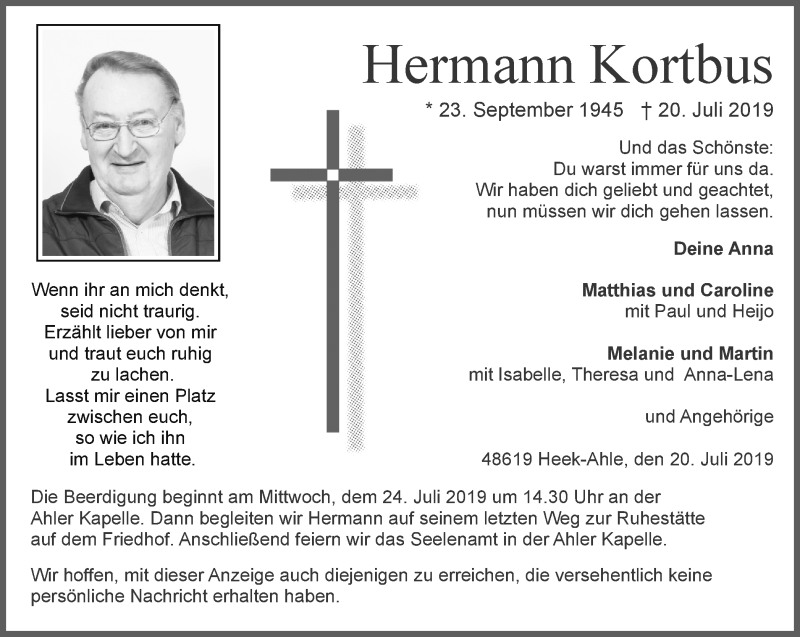  Traueranzeige für Hermann Kortbus vom 23.07.2019 aus Münstersche Zeitung und Münsterland Zeitung