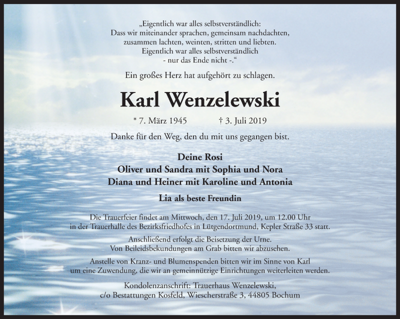  Traueranzeige für Karl Wenzelewski vom 10.07.2019 aus Ruhr Nachrichten