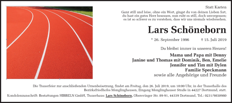  Traueranzeige für Lars Schöneborn vom 20.07.2019 aus Ruhr Nachrichten