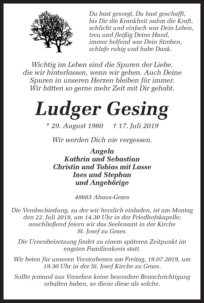  Traueranzeige für Ludger Gesing vom 19.07.2019 aus Münstersche Zeitung und Münsterland Zeitung