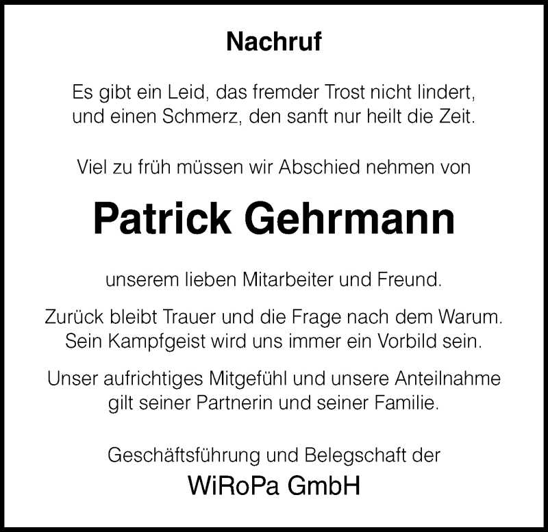  Traueranzeige für Patrick Gehrmann vom 20.07.2019 aus Münstersche Zeitung und Münsterland Zeitung