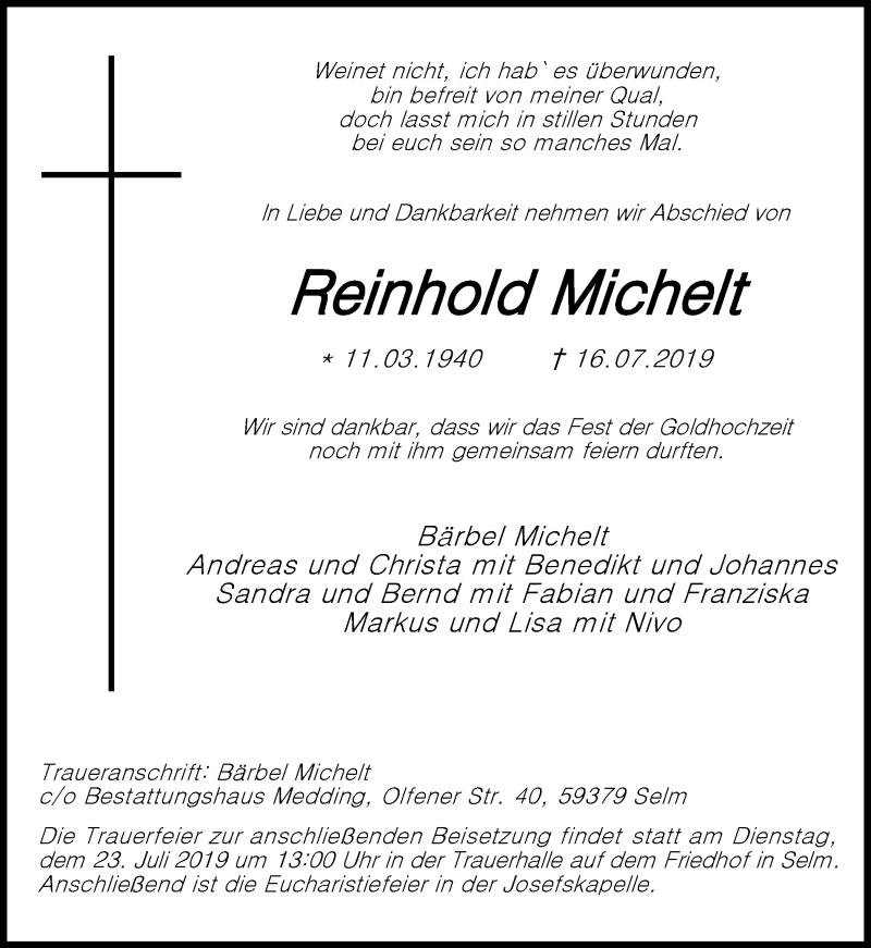  Traueranzeige für Reinhold Michelt vom 20.07.2019 aus Ruhr Nachrichten