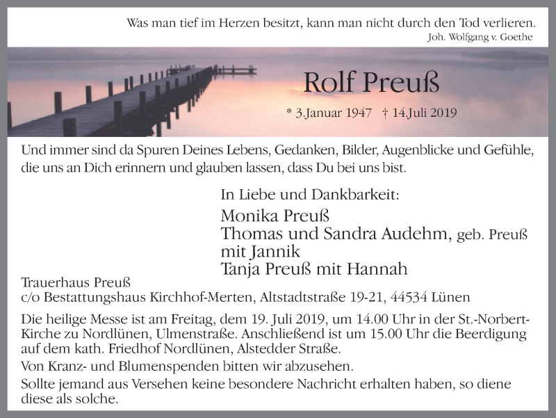  Traueranzeige für Rolf Preuß vom 17.07.2019 aus Ruhr Nachrichten