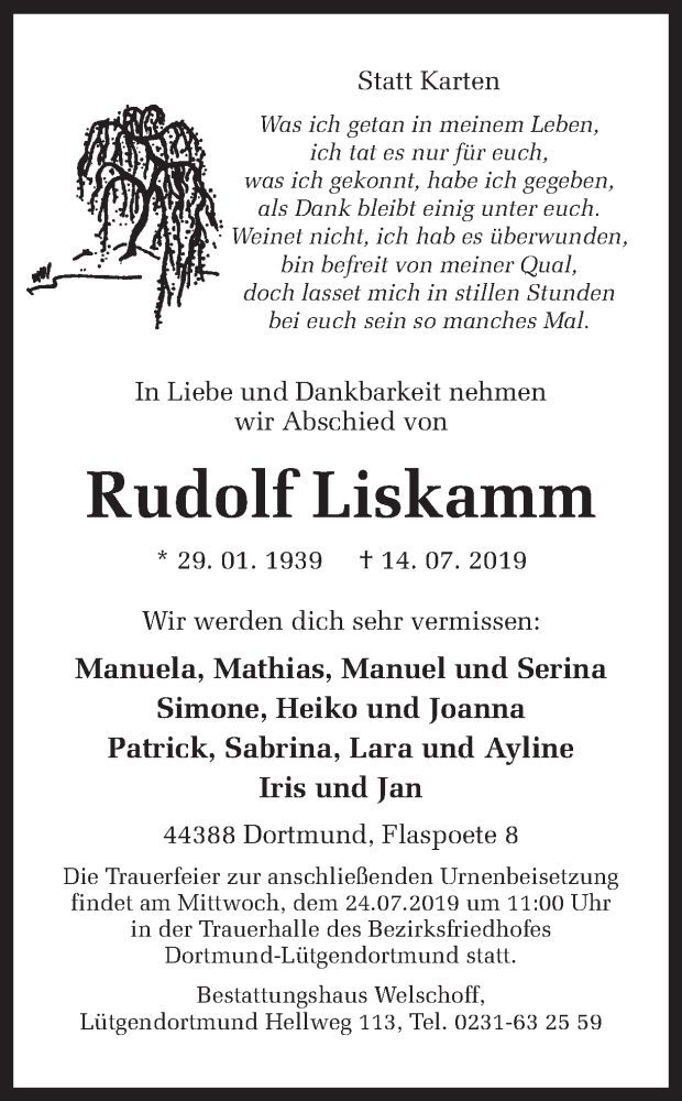  Traueranzeige für Rudolf Liskamm vom 20.07.2019 aus Ruhr Nachrichten