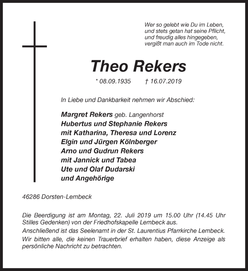  Traueranzeige für Theo Rekers vom 18.07.2019 aus Ruhr Nachrichten und Dorstener Zeitung