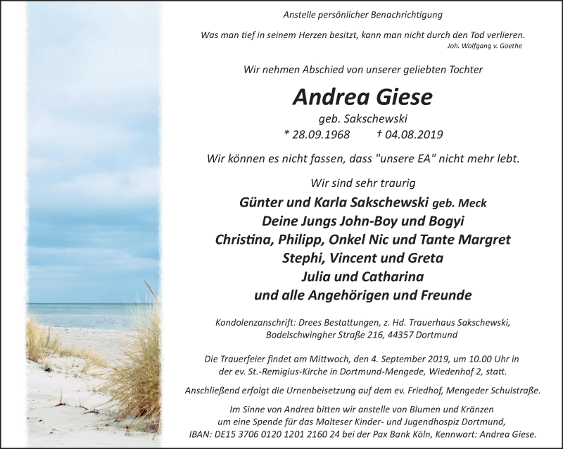  Traueranzeige für Andrea Giese vom 17.08.2019 aus Ruhr Nachrichten